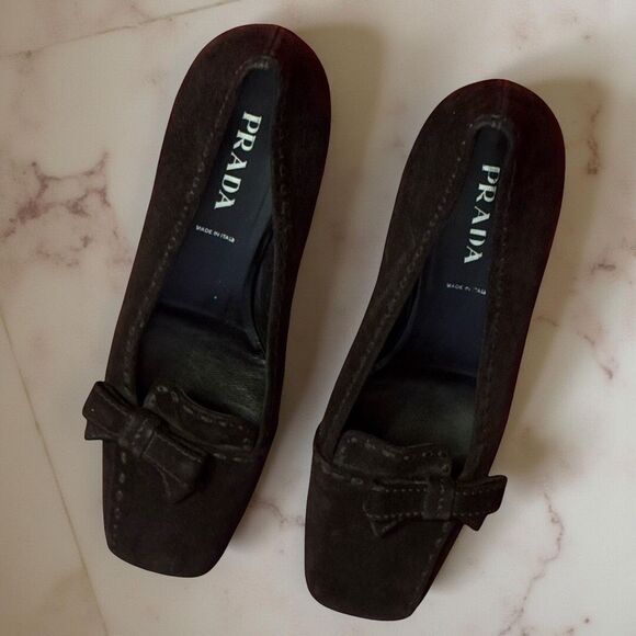 Prada Shoes - Vintage Prada Black Suede Kitten Heel Bow Detail Slip On Loafer Size 37 US 7